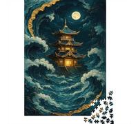 1000-Piece Jigsaw Puzzle for Adults, Pagoda Amidst Ocean Waves at Night, 52x38cm/1000pcs, Winter Indoor Activity And Family Time at Home