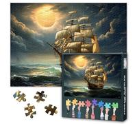 1000 Piece Jigsaw Puzzle for Adults Pirate Ship Adventure at Full Moon Old Sailing Vessel Expedition Night Seascape Tranquil Ocean Art Challenging Puzzle for Adults Teens Nautical Decor Gift