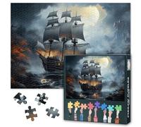 1000 Piece Jigsaw Puzzle for Adults Pirate Ship at Sea Under Full Moon Vintage Nautical Art Night Seascape Challenging Puzzle Game Ocean Lovers Gift Home Wall Decor 27.5x19.7 Inches