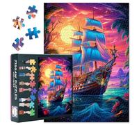 1000 Piece Jigsaw Puzzle for Adults Pirate Ship Sailing at Sea Under Purple Sunset Sky Jigsaw Puzzles Golden Age Sailing Paper Puzzles 50.5x70.5cm