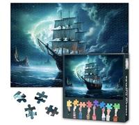 1000 Piece Jigsaw Puzzle for Adults Pirate Ship Sailing Under Full Moon Old Vintage Expedition Vessel Night Seascape Ocean Adventure Tranquil Waters Challenging Puzzle Game Home Decor Gift