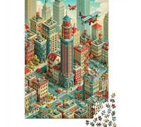 1000 Piece Jigsaw Puzzle for Adults, Pixel Art Cityscape with Airplanes