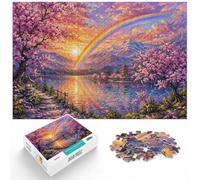 1000 Piece Jigsaw Puzzle for Adults, Rainbow over Cherry Blossoms Painting | 1000-piece adult jigsaw; fits long December evenings; for winter leisure at home with 1000 pieces to assemble.