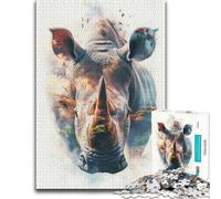 1000 Piece Jigsaw Puzzle for Adults, Rhino Double Exposure Wildlife Art | A winter puzzle activity for a calm start to the year for calm focus.