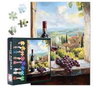 1000 Piece Jigsaw Puzzle for Adults - Serene Vineyard Window View with Red Wine Bottle, Glass and Bunch of Grapes, Premium Adult Puzzles, 27.5x19.7 Inches