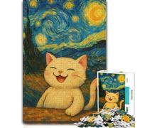 1000 Piece Jigsaw Puzzle for Adults, Smiling Cat in Starry Night Style | Choose a jigsaw challenge for adults during family time for a satisfying challenge.