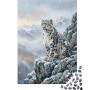 1000-Piece Jigsaw Puzzle for Adults, Snow Leopard on Snowy Mountain Cliff, 38x26cm/1000pcs; Relaxed Solo Time at Home; White Pieces with A Smooth Surface