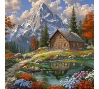 1000 Piece Jigsaw Puzzle for Adults, Snowy Mountain Lake Cabin with Autumn Trees & Wildflowers, Reflected in Clear Water, Serene Landscape Puzzle, Ideal Gift for Birthdays & Home Decor