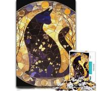 1000 Piece Jigsaw Puzzle for Adults, Stained Glass Cat with Butterflies | Enjoy a adult puzzle challenge on Sunday afternoons for a satisfying challenge.