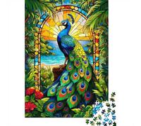 1000 Piece Jigsaw Puzzle for Adults, Stained Glass Peacock by the Ocean