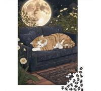 1000 Piece Jigsaw Puzzle for Adults, Tabby Cat Sleeping Under The Moon, 38x26cm/1000pcs, Thoughtful Gift Idea, Screen-Free Leisure And Quiet Weekends