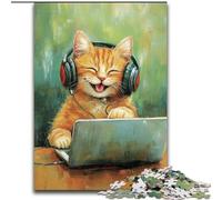 1000 Piece Jigsaw Puzzle for Adults Teens Cat Listening to Music,Help The Brain Exercise Addictive Toys to Cultivate Patience Perfect Decoration 38x26cm