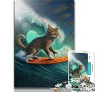 1000 Piece Jigsaw Puzzle for Adults Teens Funny Cat Surfing Jigsaw,Family Entertainment Toys with Matching Poster And Trivia Sheet 38x26cm