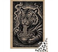 1000 Piece Jigsaw Puzzle for Adults, Tiger Eating Ramen Woodcut Illustration, 70x50cm/1000pcs, Shared Puzzle Activity, Relaxing Evenings And Weekend Downtime