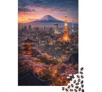 1000-Piece Jigsaw Puzzle for Adults, Tokyo Skyline at Sunset with Mount Fuji, 38x26cm/1000pcs, Relaxing Home Activity And Family Time at Home