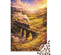 1000-Piece Jigsaw Puzzle for Adults, Train Crossing A Flower-Covered Viaduct at Sunset, 38x26cm/1000pcs, Relaxing Winter Hobby, Quiet Evening Leisure And Time at Home