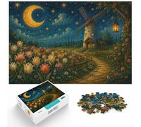1000 Piece Jigsaw Puzzle for Adults, Tulip Field with Windmill at Night | For rainy days at home: Adult jigsaw puzzle with 1000 pieces supports a slower, more focused form of entertainment.
