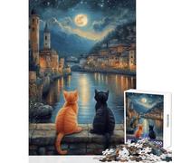 1000 Piece Jigsaw Puzzle for Adults Two Cats Under The Moon Impossible Game Tough Challenge DIY Toys Enhance Love between Couples (38X52cm)