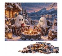 1000 Piece Jigsaw Puzzle for Adults, Two Ghosts Drinking Hot Cocoa by Fire | For a puzzle gift at Christmas, this adult jigsaw puzzle with 1000 pieces offers for the Christmas break.