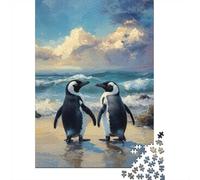 1000 Piece Jigsaw Puzzle for Adults, Two Penguins on a Beach Painting