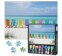 1000 Piece Jigsaw Puzzle for Adults Vibrant Rainbow Colored Chairs on Sandy Beach Under Summer Sky Jigsaw Puzzles Cheerful Coastal Paper Puzzles 50.5x70.5cm