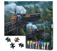 1000 Piece Jigsaw Puzzle for Adults, Vintage Steam Train Crossing High Stone Bridge Over Lush Forest with Waterfall, Landscape Art Puzzles for Adults, 27.5x19.7 in