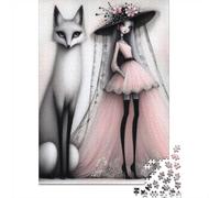 1000 Piece Jigsaw Puzzle for Adults, Whimsical Fox Lady with Pink Flowers