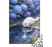 1000 Piece Jigsaw Puzzle for Adults, White cat drinking from a puddle