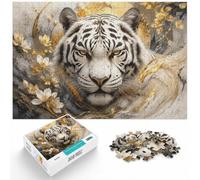 1000 Piece Jigsaw Puzzle for Adults, White Tiger with Golden Floral Accents | For free time at home, this adult jigsaw puzzle with 1000 pieces creates a longer, more absorbing puzzle session.