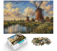 1000 Piece Jigsaw Puzzle for Adults, Windmills in a Field Painting | 1000-piece jigsaw puzzle for adults; offers a calm pastime at home; with 1000 pieces to keep the challenge engaging.