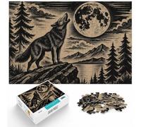 1000 Piece Jigsaw Puzzle for Adults, Wolf Howling at the Full Moon Woodcut | For a Christmas gift idea for puzzle fans: Adult jigsaw puzzle with 1000 pieces suits quiet days around New Year.