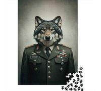 1000-Piece Jigsaw Puzzle for Adults, Wolf in Military Uniform, 52x38cm/1000pcs, White Card Pieces for Easy Sorting; A Calm After-work Activity