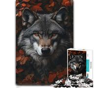 1000 Piece Jigsaw Puzzle for Adults, Wolf with Fiery Eyes in Autumn Leaves