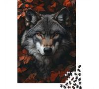 1000 Piece Jigsaw Puzzle for Adults, Wolf with Fiery Eyes in Autumn Leaves