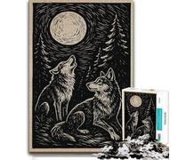 1000 Piece Jigsaw Puzzle for Adults, Wolves Howling at the Moon Linocut | Jigsaw challenge for adults on Sunday afternoons for relaxed downtime.