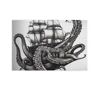 1000 Piece Jigsaw Puzzle for Adults Wooden Challenging Puzzles Custom Personalized Black and White Octopus and Ship Picture Puzzle for Adults & Kids Family Game Nights 29.5"x19.7" Puzzles