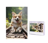 1000 Piece Jigsaw Puzzle for Adults Wooden Challenging Puzzles Custom Personalized Corgi Dog Running on The Railroad Picture Puzzle for Game Nights Family Wood Puzzles Finished Size 29.5"x19.7"