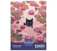 1000 Piece Jigsaw Puzzle for Teenagers Black Cat in Pink Lily Pond Puzzles for Adults Relax Games Enhance Memory Christmas Birthday Gifts 52x38cm/1000pcs