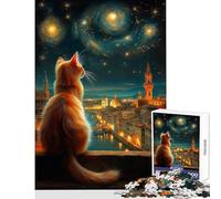 1000 Piece Jigsaw Puzzle for Teenagers Cat Gazing at Florence Under Starry Sky Fun Games Pattern Assembly DIY Toys Artists' Collection, Fine Arts (50x75cm)