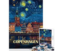 1000 Piece Jigsaw Puzzle for Teenagers Copenhagen, Denmark, Starry Night Style Fun Games Pattern Assembly DIY Toys Artists' Collection, Fine Arts (38x26cm)