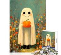 1000 Piece Jigsaw Puzzle for Teenagers Cute Ghost with Pumpkin in Flower Field Fun Games Difficult Challenge DIY Toys Artists' Collection, Fine Arts (38X52CM)