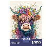 1000 Piece Jigsaw Puzzle for Teenagers Highland Cow Watercolor Print Jigsaw Puzzle Family Game Presents for Women Fun at Home Activities, 70x50cm/1000pcs