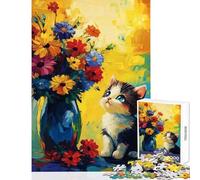 1000 Piece Jigsaw Puzzle for Teenagers Kitten Gazing at Flowers Painting Fun Games Difficult Challenge DIY Toys Artists' Collection, Fine Arts (38X52CM)