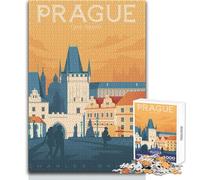 1000 Piece Jigsaw Puzzle for Teenagers Prague Travel Poster Unique Challenge Game Stress Reliever Secret Santa Gifts Size 38x26cm