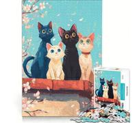 1000 Piece Jigsaw Puzzle Four Cats Under Cherry Blossoms, Family Game, Pattern Assembly, with Fully Interlocking Randomly Shaped Pieces 38X52CM