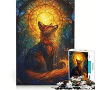 1000 Piece Jigsaw Puzzle Fox And Butterflies Stained Glass Art, Family Game, Pattern Assembly, with Fully Interlocking Randomly Shaped Pieces 38X26CM
