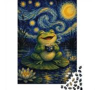 1000 Piece Jigsaw Puzzle, Frog Enjoying Coffee Under Starry Night Sky, 38x26cm/1000pcs, for Adults, Indoor Puzzle Activity, Weekend Downtime And Cosy Evenings