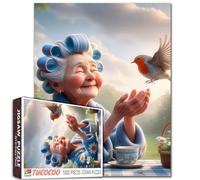 1000 Piece Jigsaw Puzzle, Garden Tea Time with Robin, Artistic Illustration Older Women DIY Puzzles for Challenging Family Activity Games Elderly Lady Art Home Wall Decor Craft Gifts