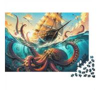 1000-Piece Jigsaw Puzzle, Giant Octopus Beneath a Sailing Ship | 70x50cm Curling tentacles, Tall sailing ship, Sunlit waves, Seabird silhouettes, Three size options