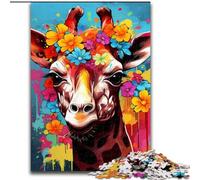 1000 Piece Jigsaw Puzzle Giraffe Wearing Flowers Made of Wood, Making It A Great Gift for Family Fun 50x75cm Educational Toy for Teenagers, Home Office Decor